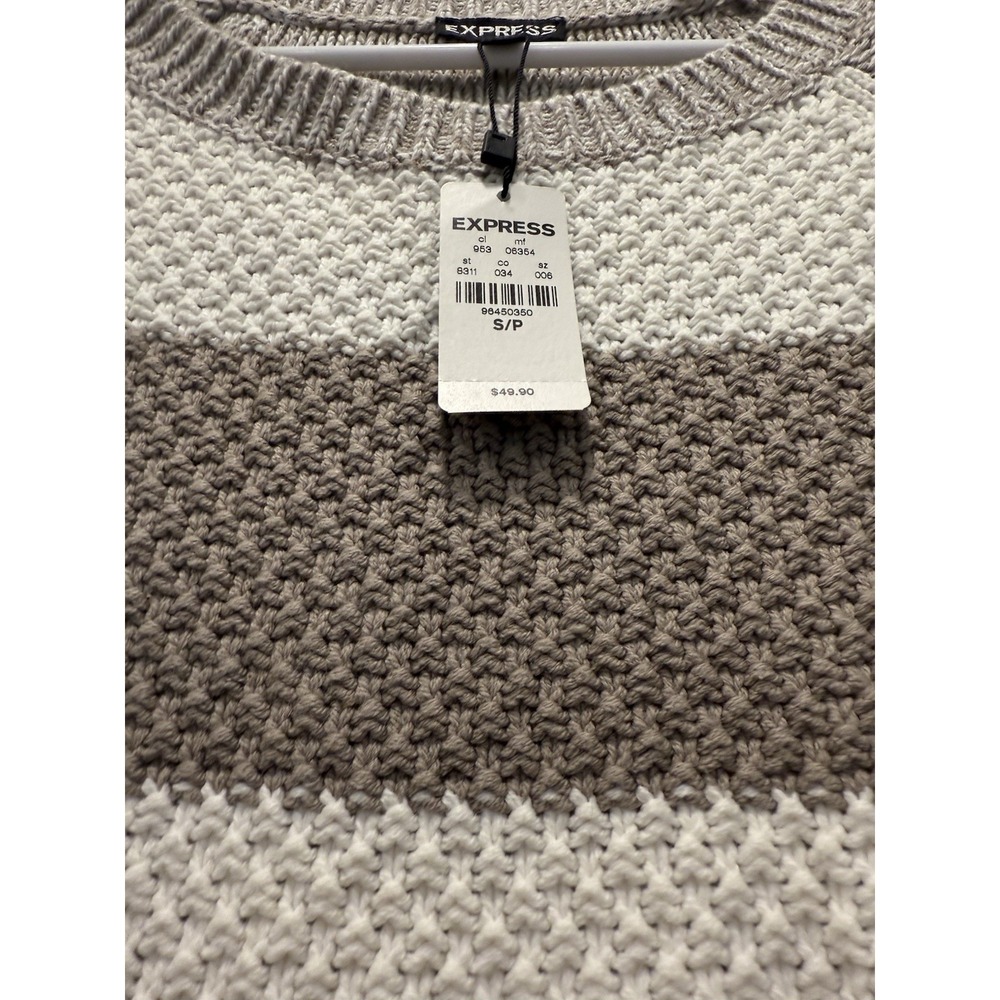 NWT Express Crop Knit Sweater Beige Stripe Minimalist Heritage Classy Preppy - Picture 2 of 5